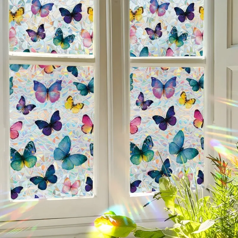 Art Stained Glass Butterfly Window Sticker, Rainbow Prism Light Refraction Static Window Film, Decorative Privacy Glass Cover