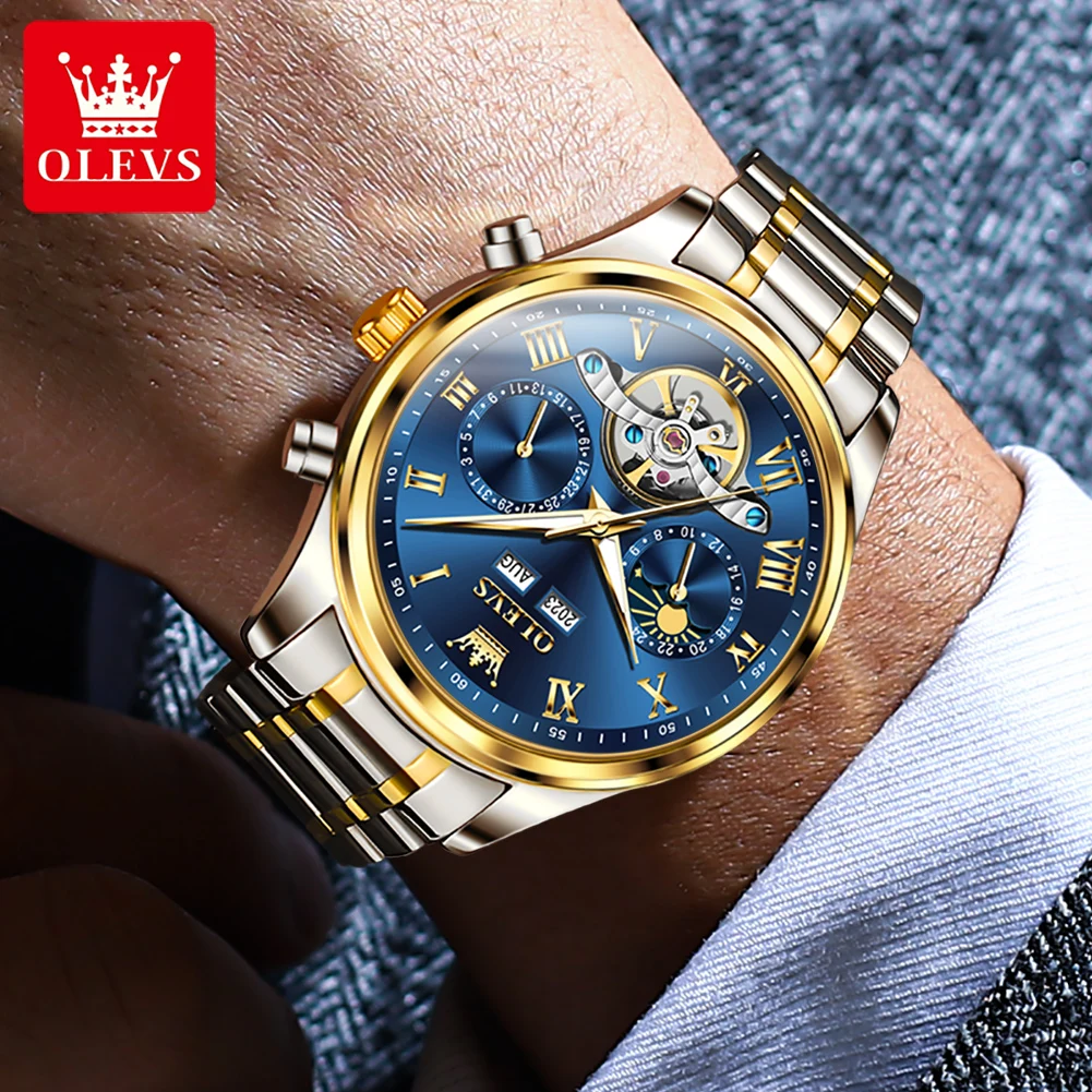 OLEVS-relojes para hombre, vestido de negocios, reloj mecánico automático para hombre, Tourbillon, calendario, fase lunar, resistente al agua