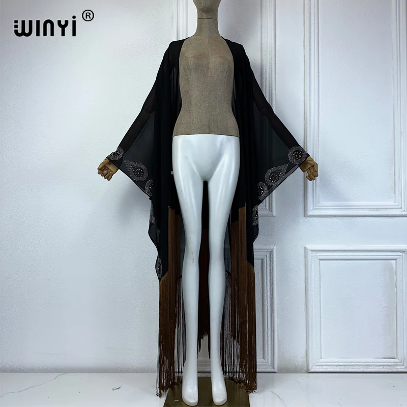 WINYI-Cardigan à manches longues avec pompons, kimono d'été, robe maxi, couverture de bikini, noir, sexy, perspective, perçage à chaud, vacances, plage