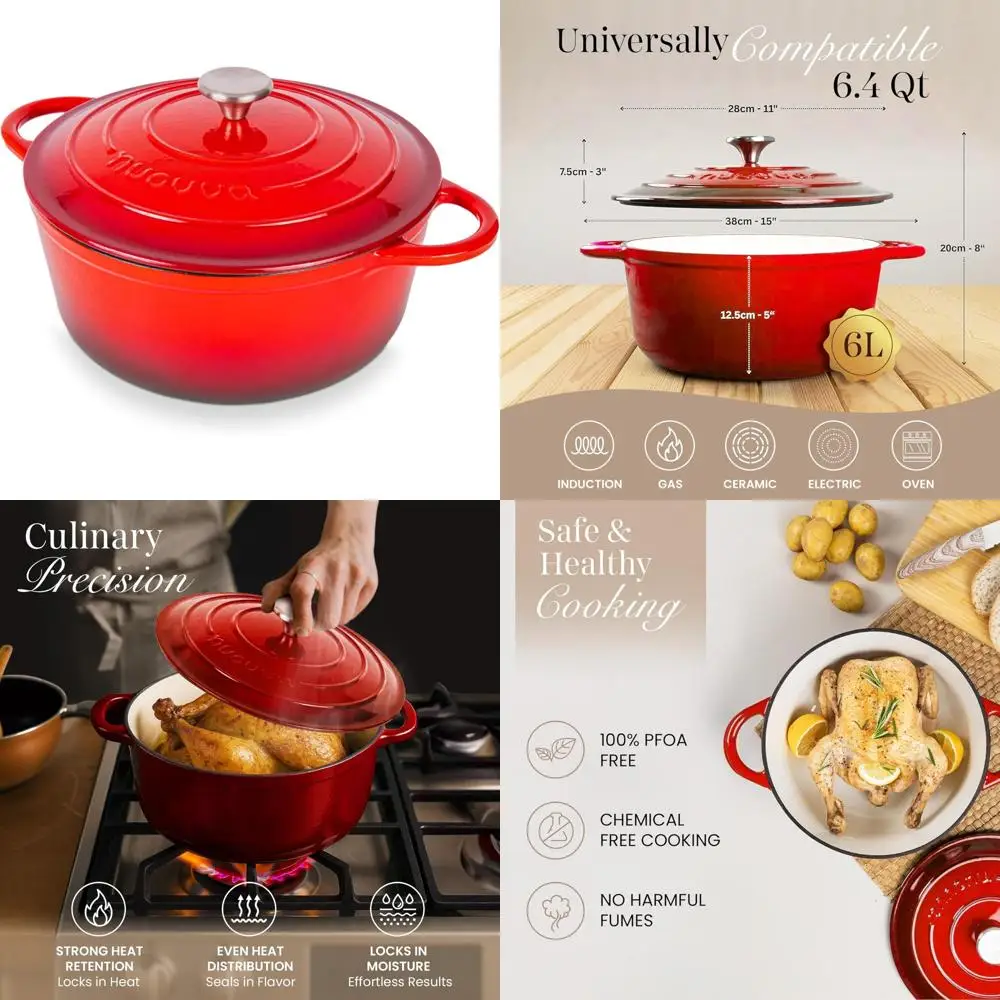 

Эмалированная чугунная голландская духовка с антипригарным покрытием, сверхмощная кастрюля емкостью 6,4 литра, безопасная для духовки, до 500 ° F, идеально подходит для выпечки и рога