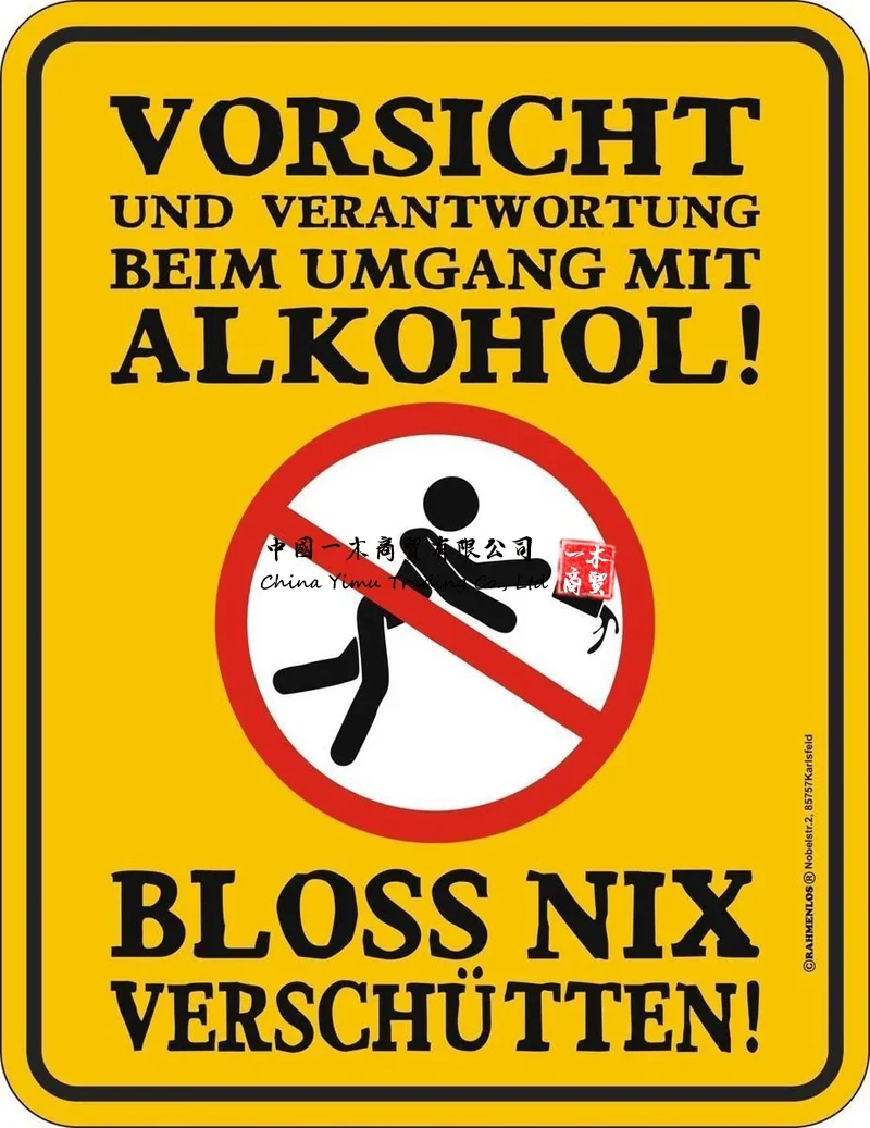 Rahmenlos Original Blechschild mit deutschem Text Vorsicht Beim Handgang Mit Alkohol Nur Nix Spillen Vorsicht bei der Handhabung von Alkohol