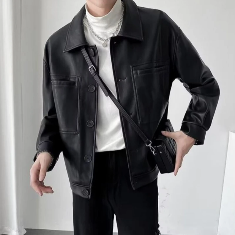 

2025 New Men's PU Sheepskin Jacket Lightweight Zip Up Biker Style Coat for Spring Autumn​