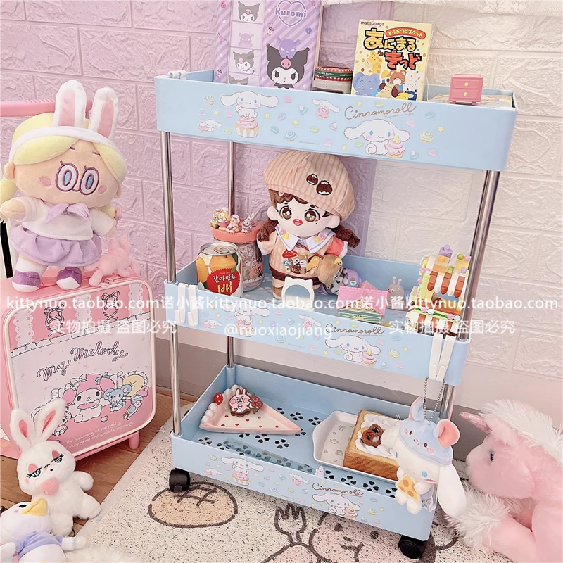 Kawaii Kt My Melody Cinnamoroll Cartoon Three-Tier Wheeled Rack Anime Sanrioed Girl Heart Floor Trolley Storage Rack Mobile