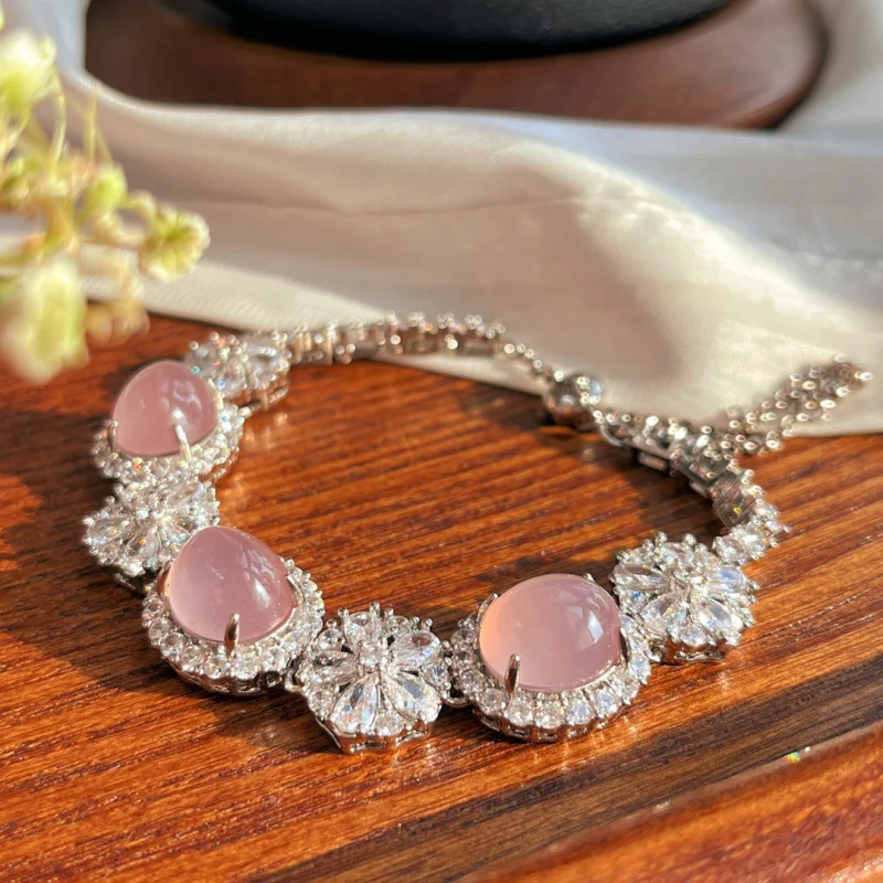 Natural pink chalcedony agate bracelet snowflake design, fully inlaid with diamonds, fashionable girlfriends