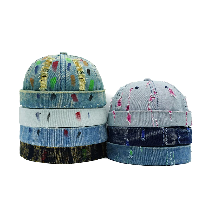 Gorra Docker de Mezclilla Desgarrada, Gorras sin Visera Coloridas, Ajustables, de Algodón y Poliéster, para Exteriores, Estilo Hip Hop