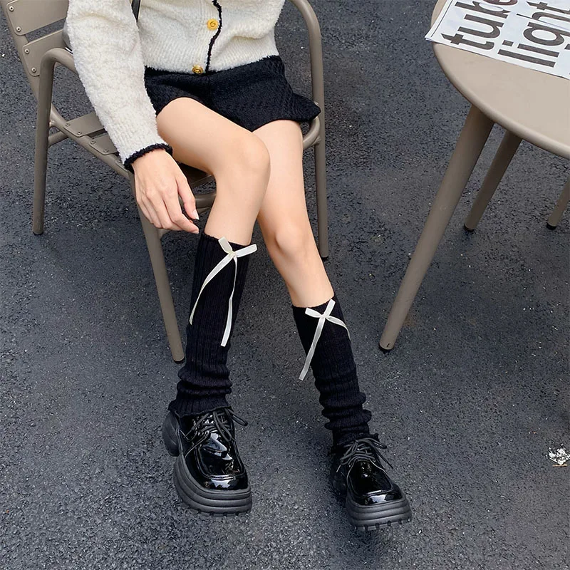 Women\'s Ribbon Bow Knitted Leg Warmers Ruffles Cute White Japanese-style JK for Spring/autumn Long Dual-purpose Arm Sleeves