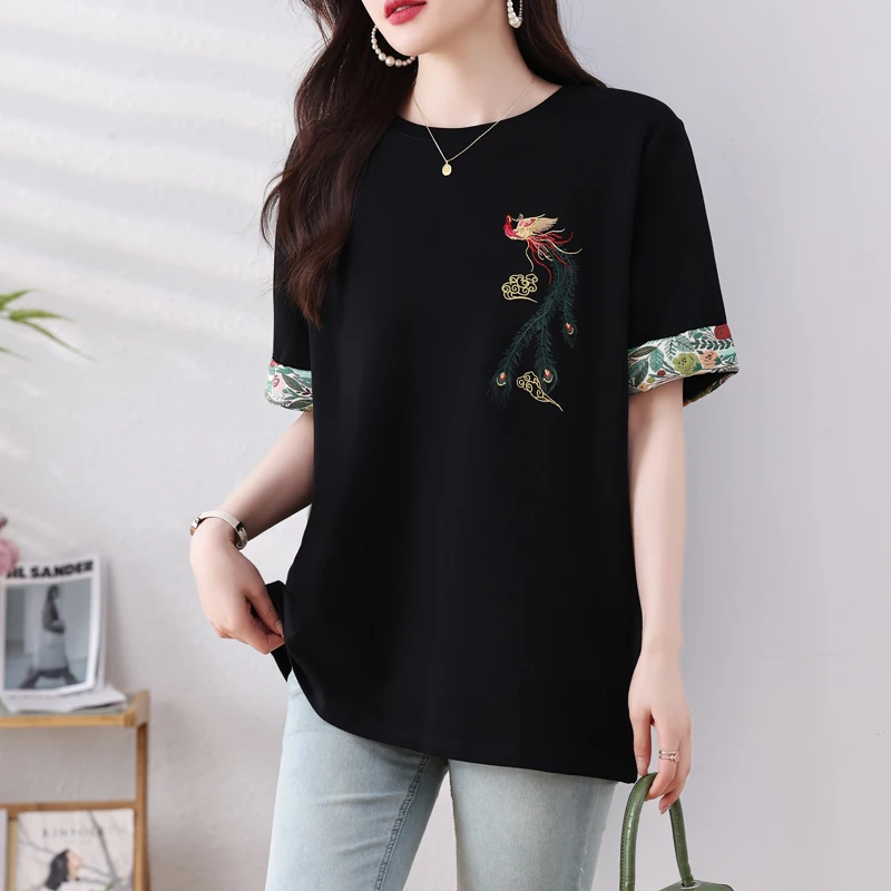 #2886 Black Vintage Short Sleeve T Shirt Women Embroidery Cotton Summer Tee Streetwear T-shirt Female O-neck Chinese Style 