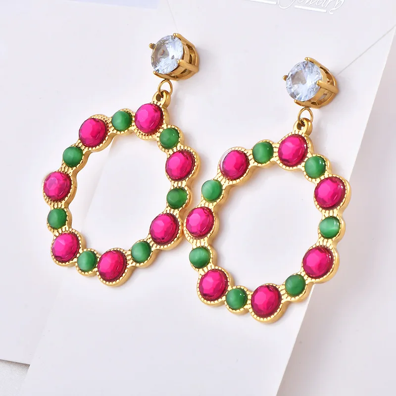 Stainless Steel Plated with 18K Gold Design, Personalized Colorfulful Earrings, Exaggerated European and American Flower Hoop Earrings for Women