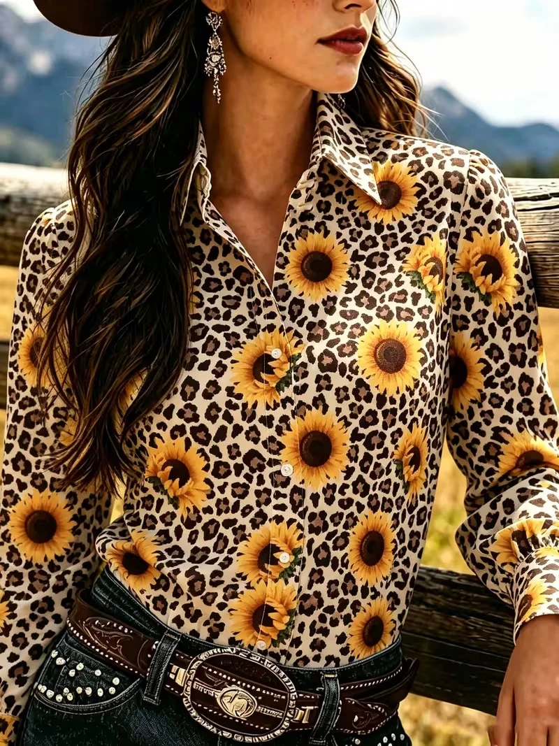 New leopard print sunflower 3D printed long sleeved shirt American Western style women's retro casual shirt