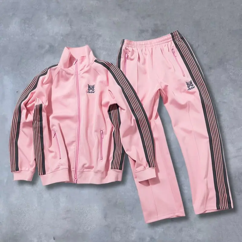 Four Seasons Pink Tracksuit High Quality Embroidered Butterfly Side Stripes Jackets Men Women Casual Loose Straight Pants Set