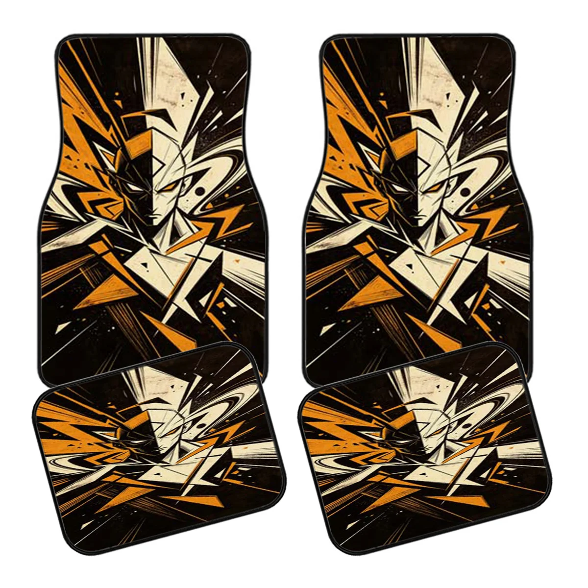 5pcs Car Floor Mats And Trunk Mat With Abstract Geometric Style Anime Character Portraits, Orange And Black Contrasting Dynamic