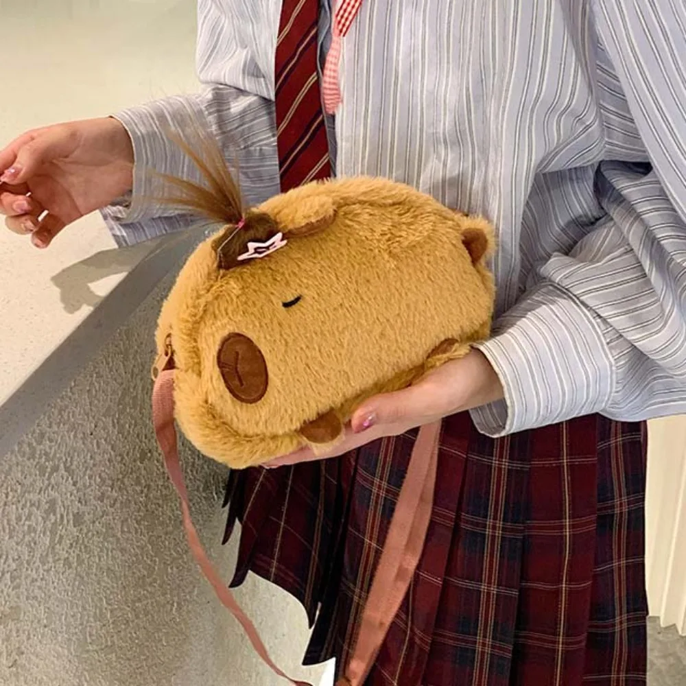 

White Cute Capybara Plush Bag Lightweight Large Capacity Cartoon Shoulder Pouch Soft Hairpin Creative Crossbody Bag Women