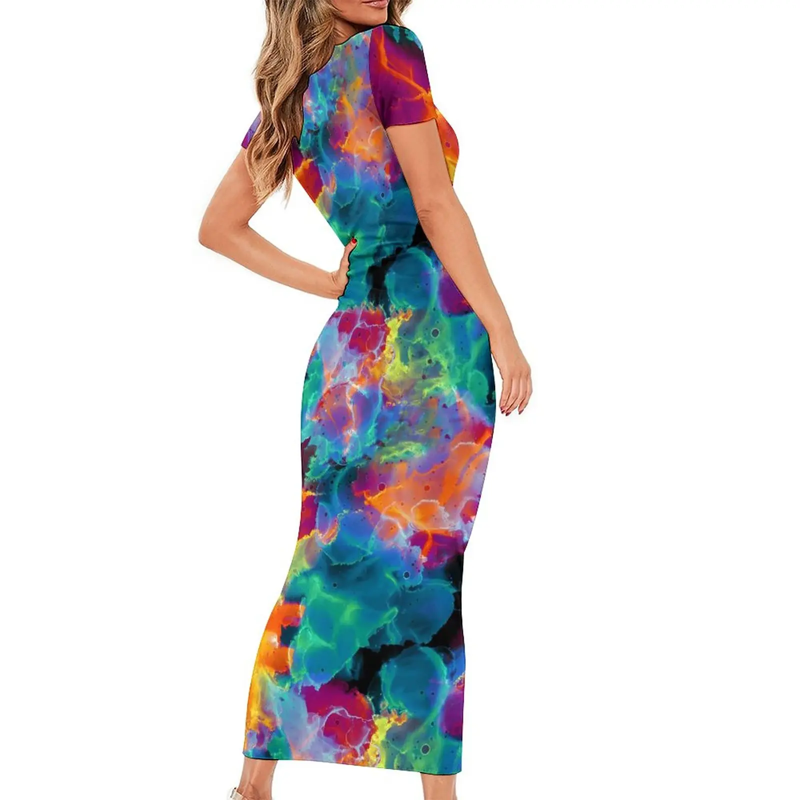 Kleurrijke Regenboog Jurk Korte Mouw Neon Abstracte Print Sexy Maxi Jurken Zomer Street Wear Patroon Bodycon Jurk Grote Maat