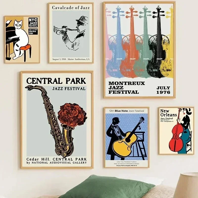 Festival de Jazz y gato negro, carteles de Jazz clásicos, pintura en lienzo de Montreux, arte de pared Ideal para habitación, póster artístico de pared del hogar