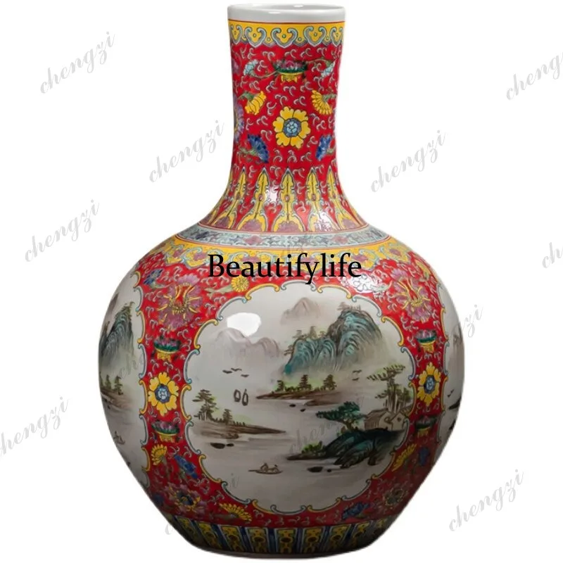 Antique enamel color extra large vase Chinese home living room decoration handicraft ornament