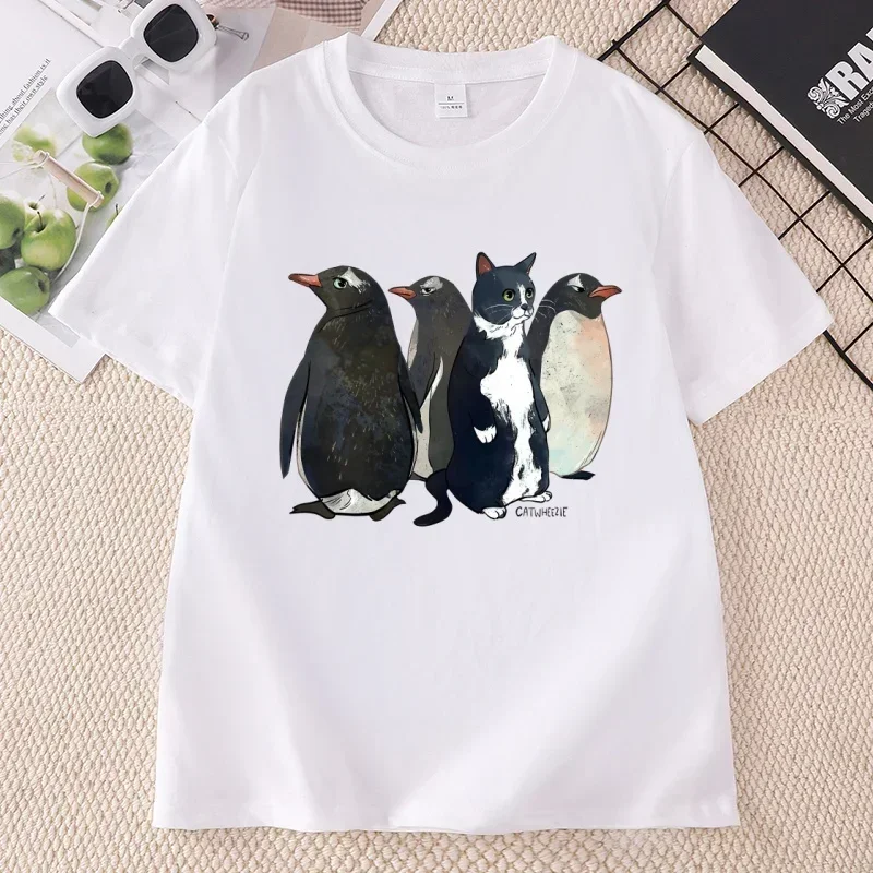 Funny Penguin Graphic Print T-shirt Women's Harajuku Short Sleeve Casual T-shirt Clothing Street Tops Tees Aesthetic Clothes ﻿