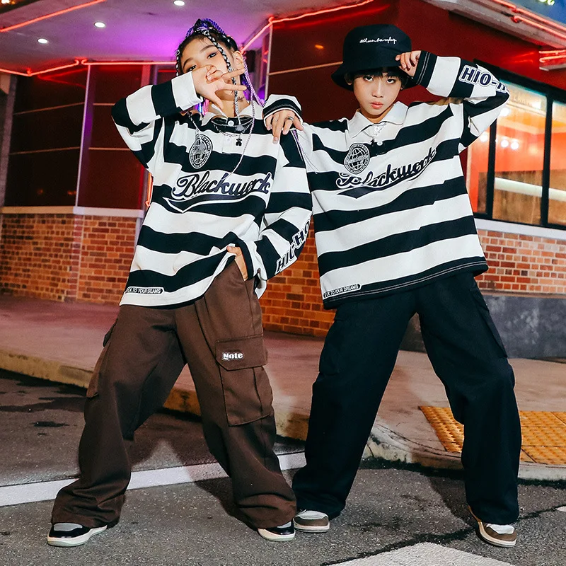 Children's Hip Hop Fashion Show Suits Sets Boys Grils Stripe Long Sleeve Tshirt Cargo Pants Kids Stage Costumes Dance Clothing