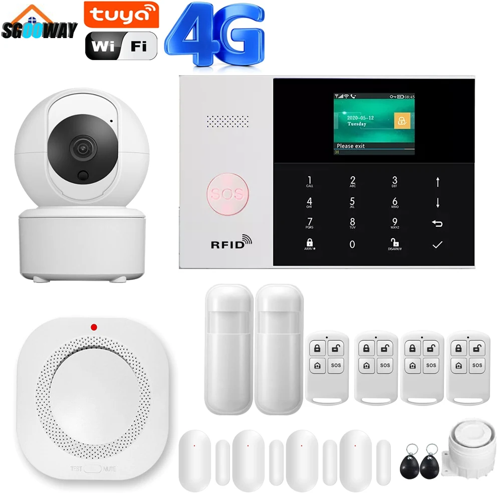 Wireless&Wired WIFI  Home Security 4G Alarm System Via Tuya Smart Life APP  Motion Sensor Detector Compatible With Alexa  Google