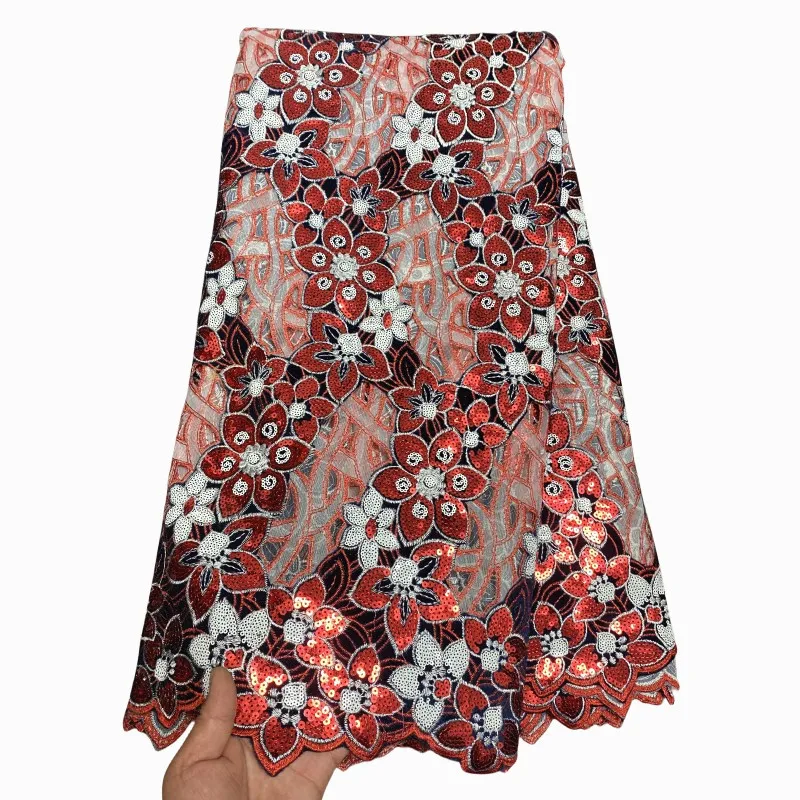 

5 Yard Newest Hot Selling French Lace With Sequins African Tulle Cord Lace Net Embroidered Fabric For Wedding Party PS032307
