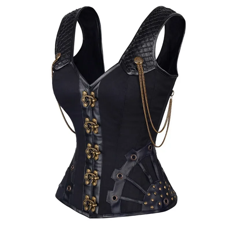 High Quality 12 Steel Bone Rivet Chain Gothic Steampunk Corset Woman\'s Vest Top Waist Control Leather Sexy Corsets and Bustiers