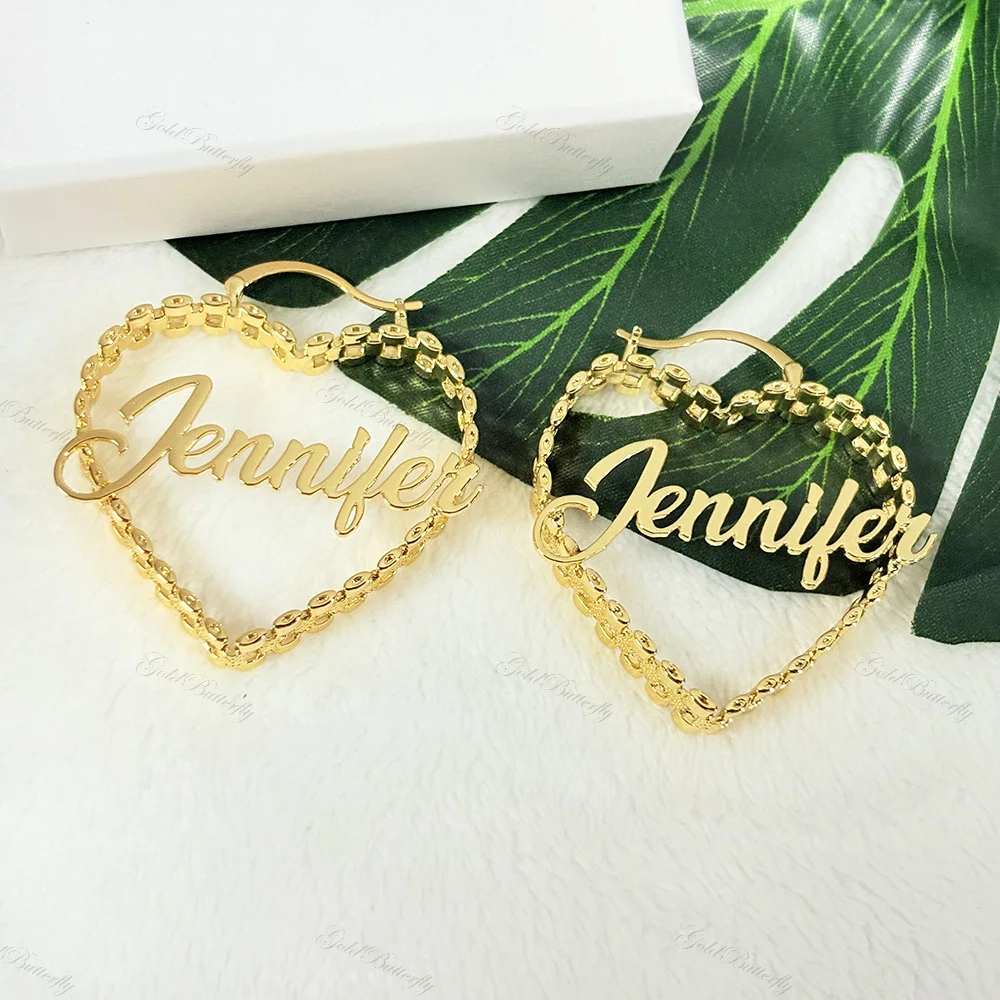 Custom Name Heart Hoop Earrings Personalized Gold Plated Watch Chain Link Design Statement Jewelry Gift for Women Birthday