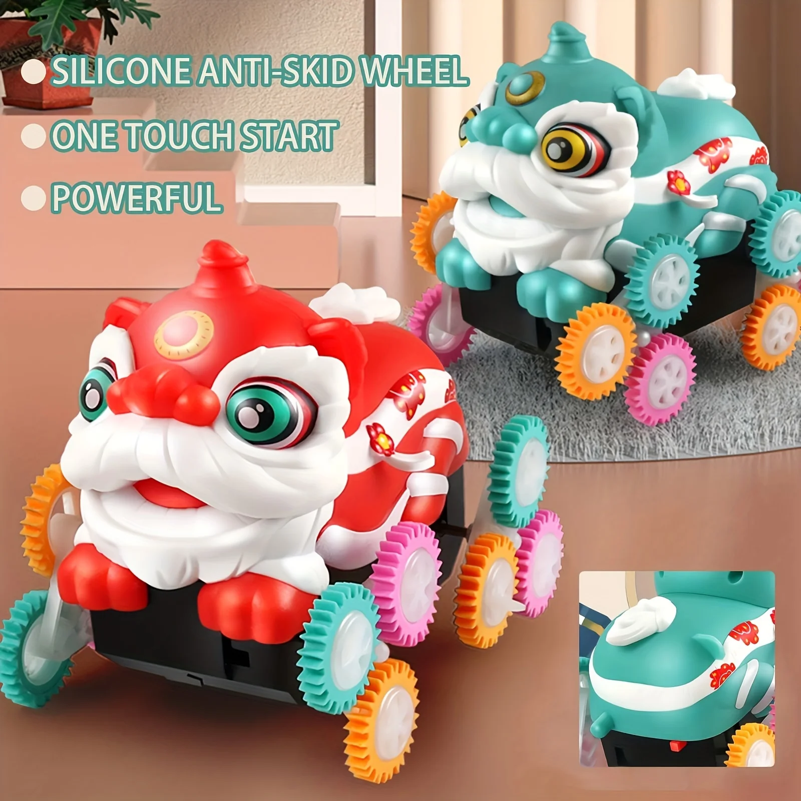 Electric dump truck toys, light New Year toy cars, cartoon Spring Festival lion dance tumbling cars