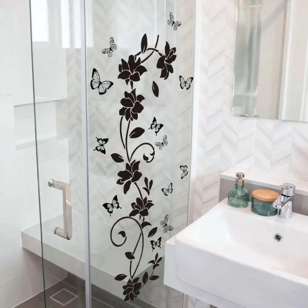 Minimalist Black Floral Butterfly Vine Wall Decal Waterproof PVC Sticker For Home Bathroom Mirror Glass Interior Decoration Art