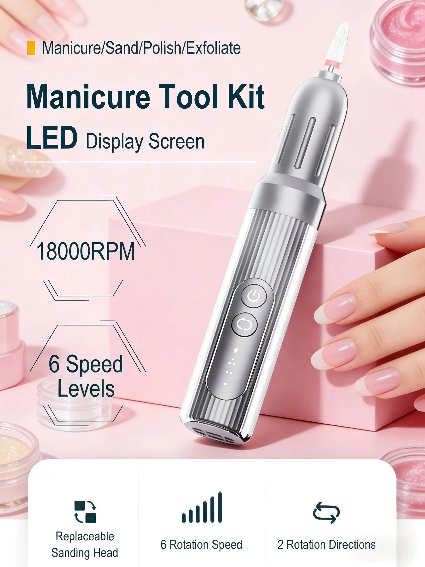 

USB fast charging 6-level adjustment, portable electric nail file set: An integrated device that combines manicure
