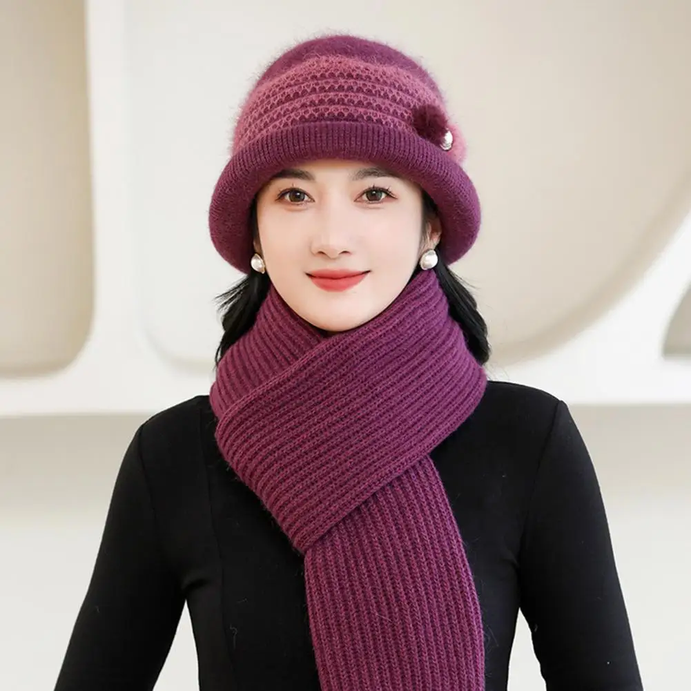 Outdoor Winter Sports Hat Warm Winter Beanie Scarf Gloves Set for Mid-aged Women Thick Knitted Cap Windproof Gloves for Outdoor