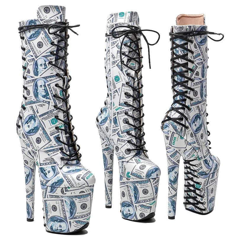 

Leecabe 20CM/8Inch Dollar pattern Pole Dancing Lace Up Ankle Boots Thin Heels Sexy Fetish Platform boots Women Shoe