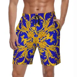 Baroque Print Board Shorts Summer Blue and Gold Sportswear Board Short Pants Man Fast Dry Hawaii Printed Large Size Swim Trunks