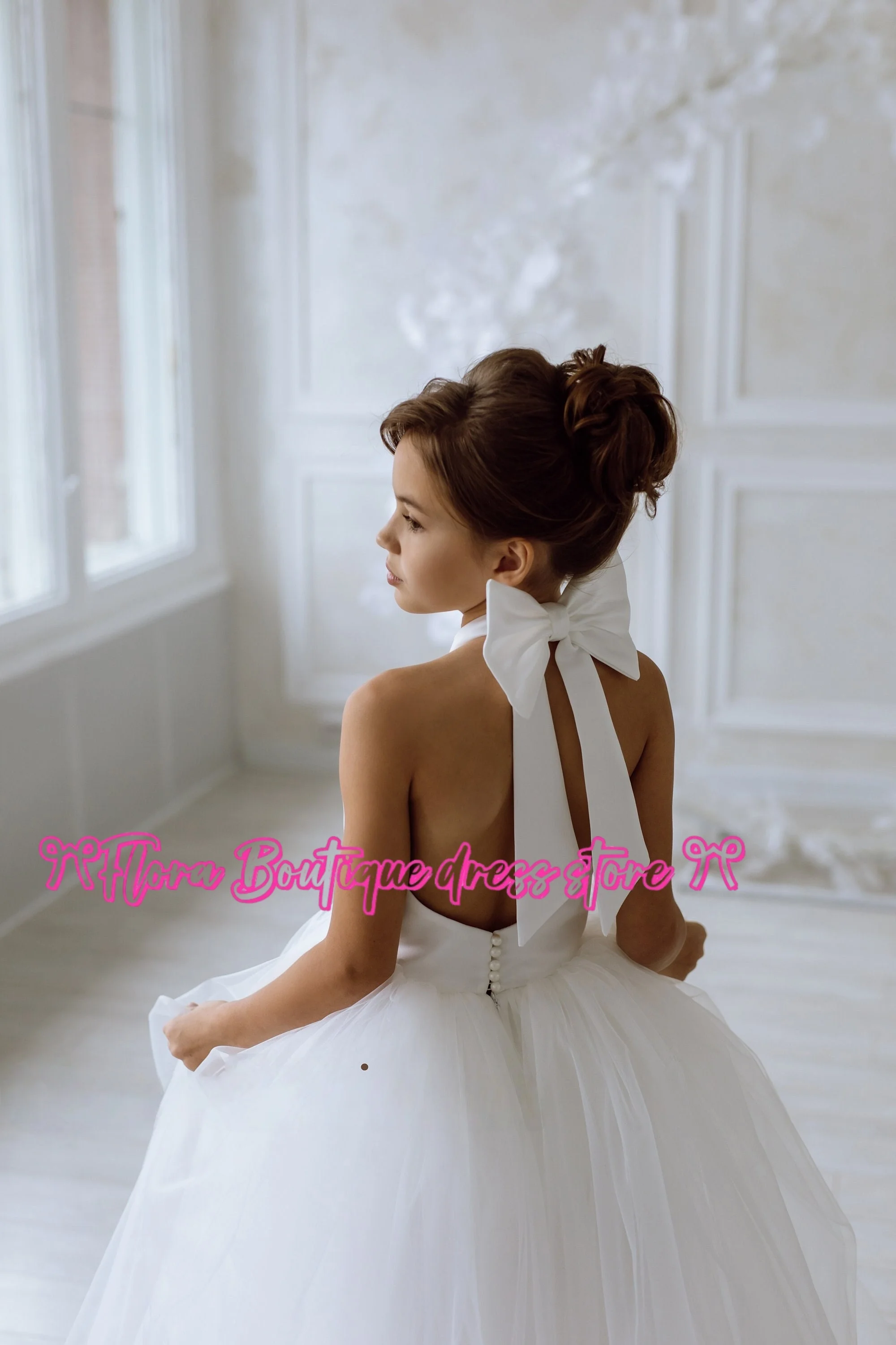 플라워 걸 드레스 아이보리 튤 주니어 플라워 드레스 파티 드레스 볼 가운 드레스 리본 장식 생일 드레스 결혼식 의식