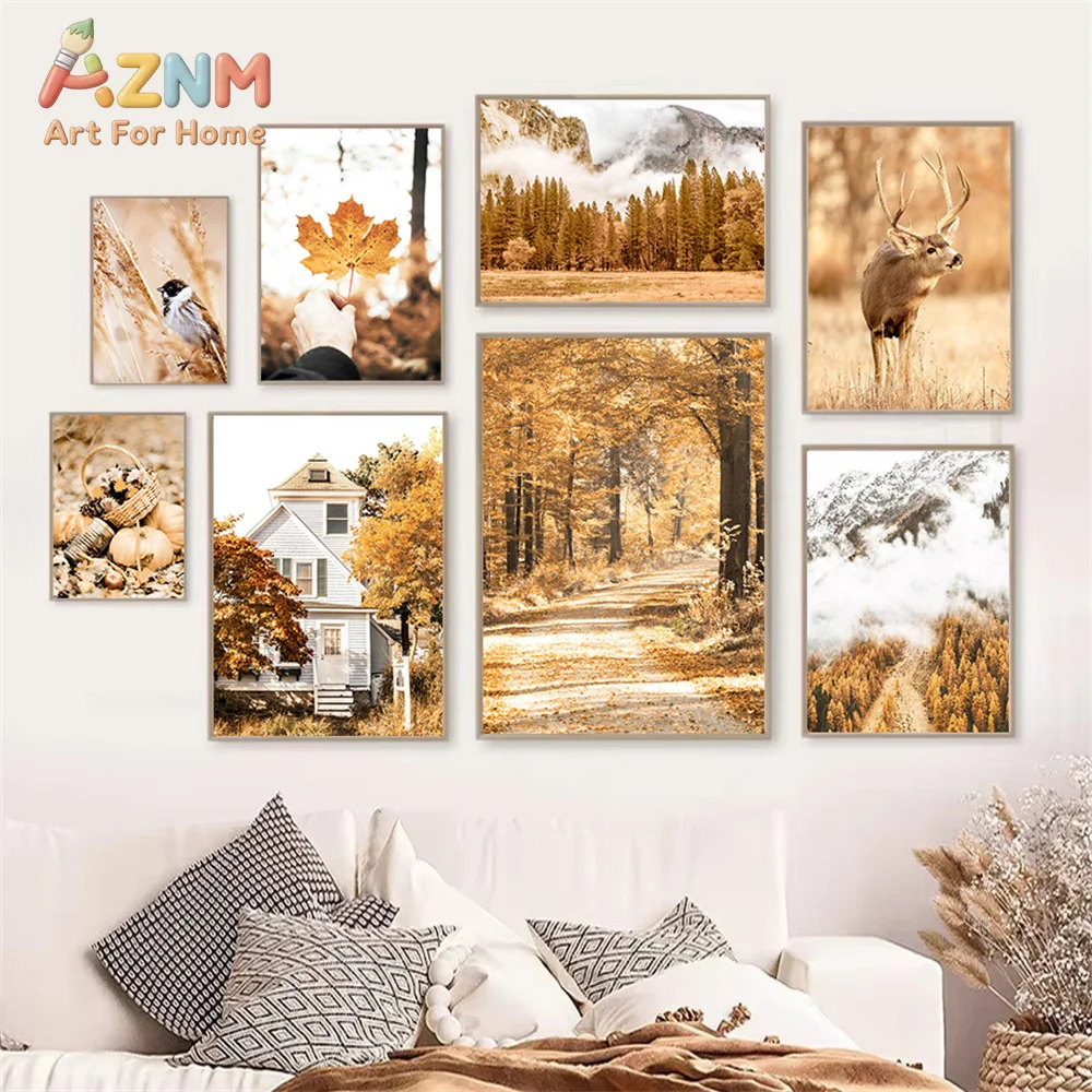 AZNM Neutral Autumn Fall Canvas Wall Art Golden Forest Deer Maple Leaf Mountain Cottage Nature Scenery Unframed Canvas Home Deco
