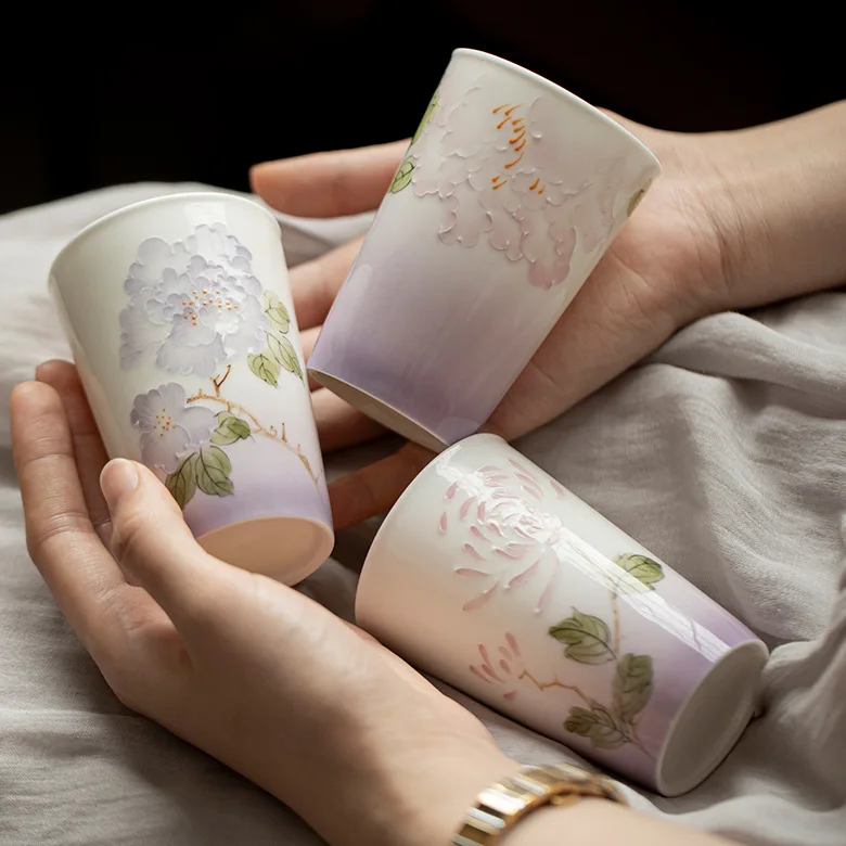 Handmade Ceramic Twelve Flower Deity Tea Cup Set Master Mug Chinese Style Small Drinking Cup Gift Box Home Office