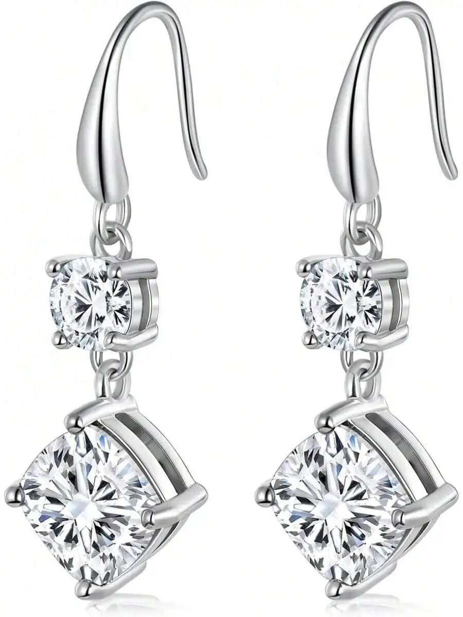 Pendientes colgantes para mujer con piedras redondas y de corte cushion, diseño de anzuelo