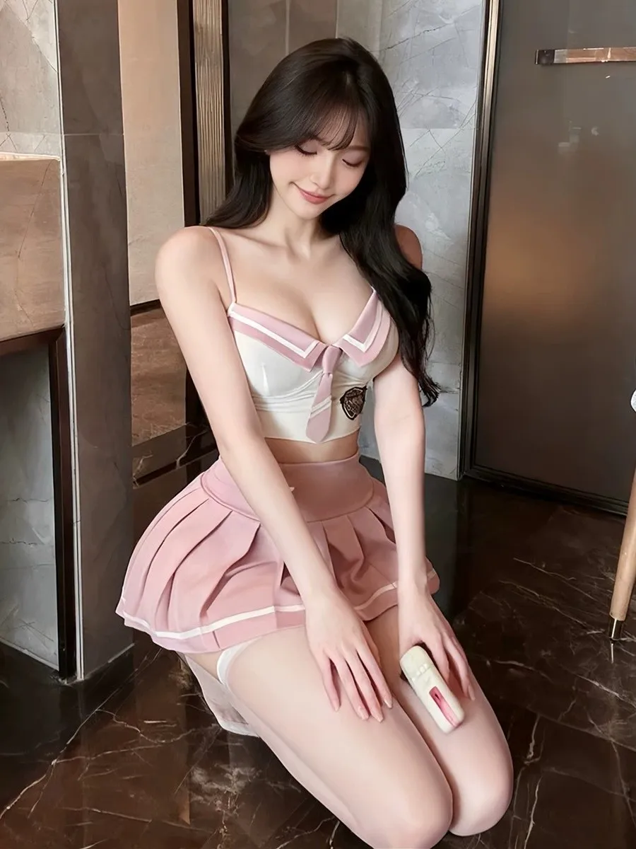 Sweet Pure Desire Low Cut Color Block Strap Vest Student Uniform  Knot Pleated Short Skirt Uniform Set Women's Fashion image 5