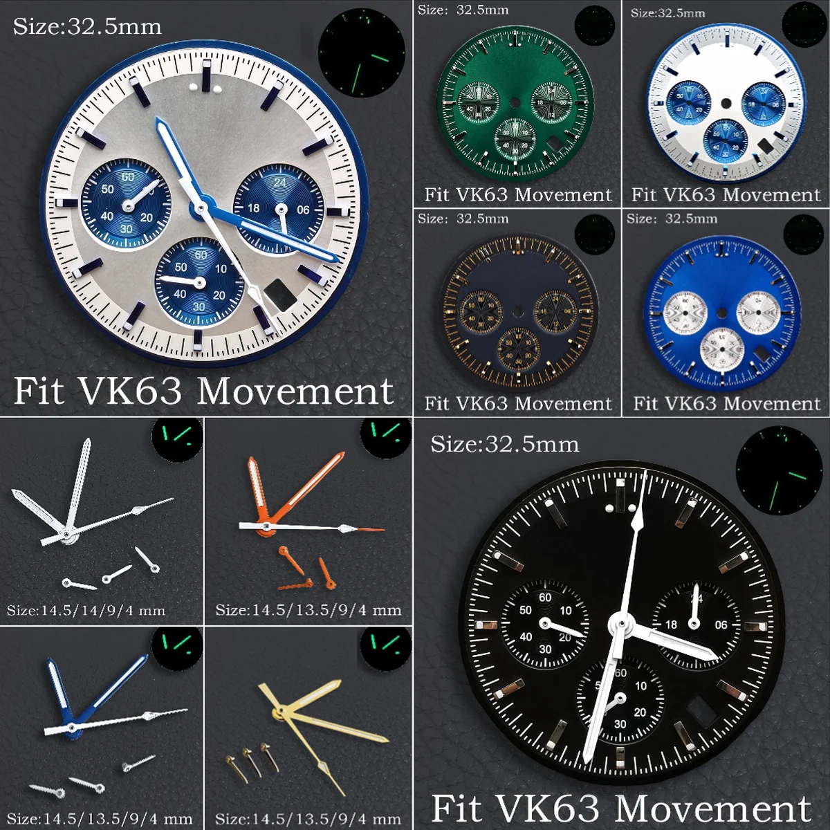 32.5MM Dial Fit VK63 Movement Green Luminous Dial Hands Men's Watches Part VK63 Watch Accessories Maintenance Tools