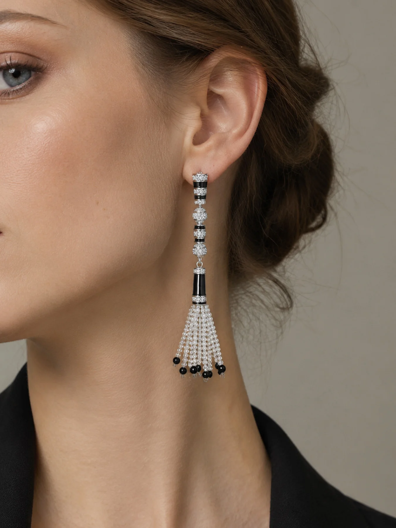 Art Deco Style Tassel Dangle Stud Earrings, Multi Layer Bead & Rhinestone Long Drop Earrings, Elegant Party Ear Jewelry