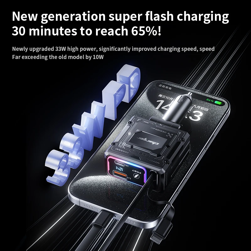 Retractable Car Charger 4 in 1 Fast Charging Foldable Car Charger 120W Cable Type-c Ports Car Charger Adapter Compatible