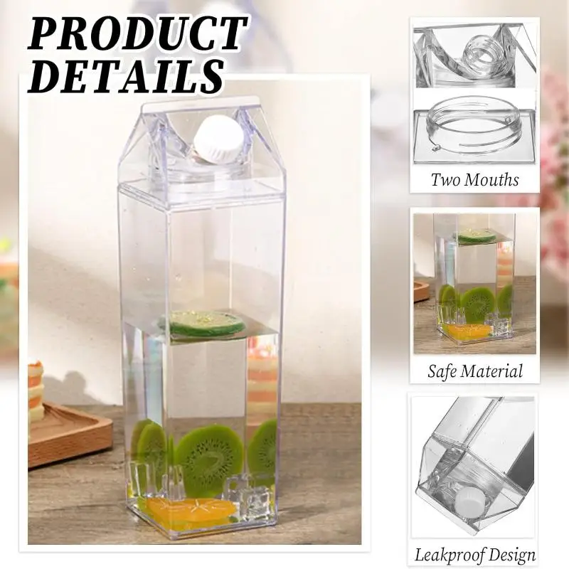 750ML Transparent Milk Bottle Water Box Square Milk Coffee Juice Tea Cup Transparent Milk Storage For Outdoor Sports Camping Gym