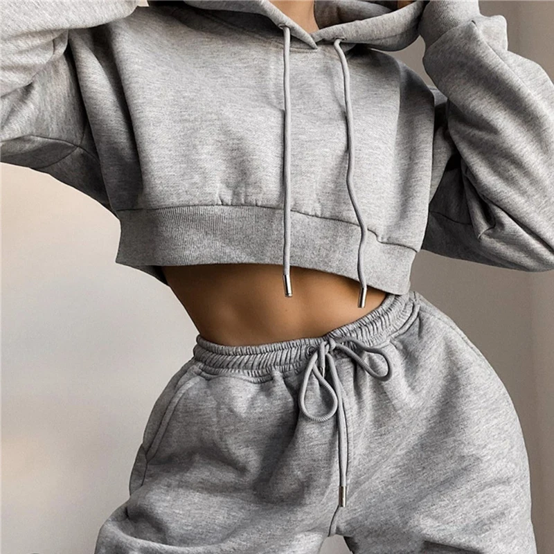 Korean Kpop Classic Hoodies Crop Tops 2 Piece Suits Women Autumn Casual Solid Slim Fit Pants Sweatsuit Pocket Grunge Streetwear