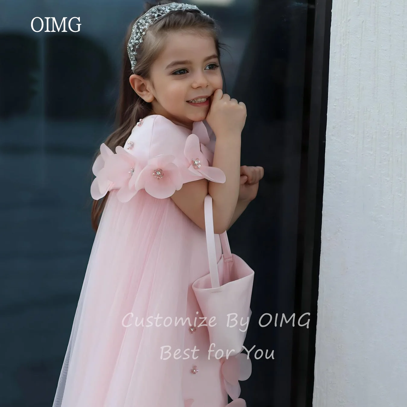 فساتين OIMG باللون الوردي مع الزهور/الخرز على شكل حرف A وأكمام قصيرة لحفلات الزفاف بطول الركبة فستان عيد الميلاد حسب الطلب #3