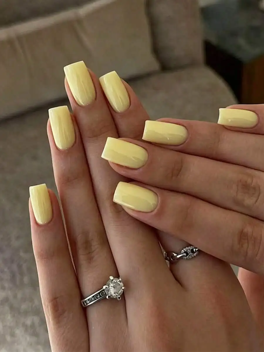 

Change Your Nails With 24pcs/Set Minimalist Yellow Medium Long Rectangle Daily Romantic Full Coverage Press-On Fake Nails, Inclu