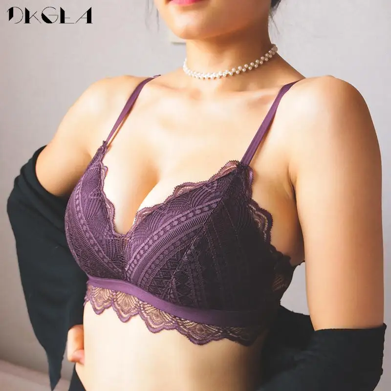 Nuovo comodo set reggiseno senza fili reggiseno in pizzo lingerie sottile ricama set intimo donna viola reggiseni sexy tentazione a V profonda