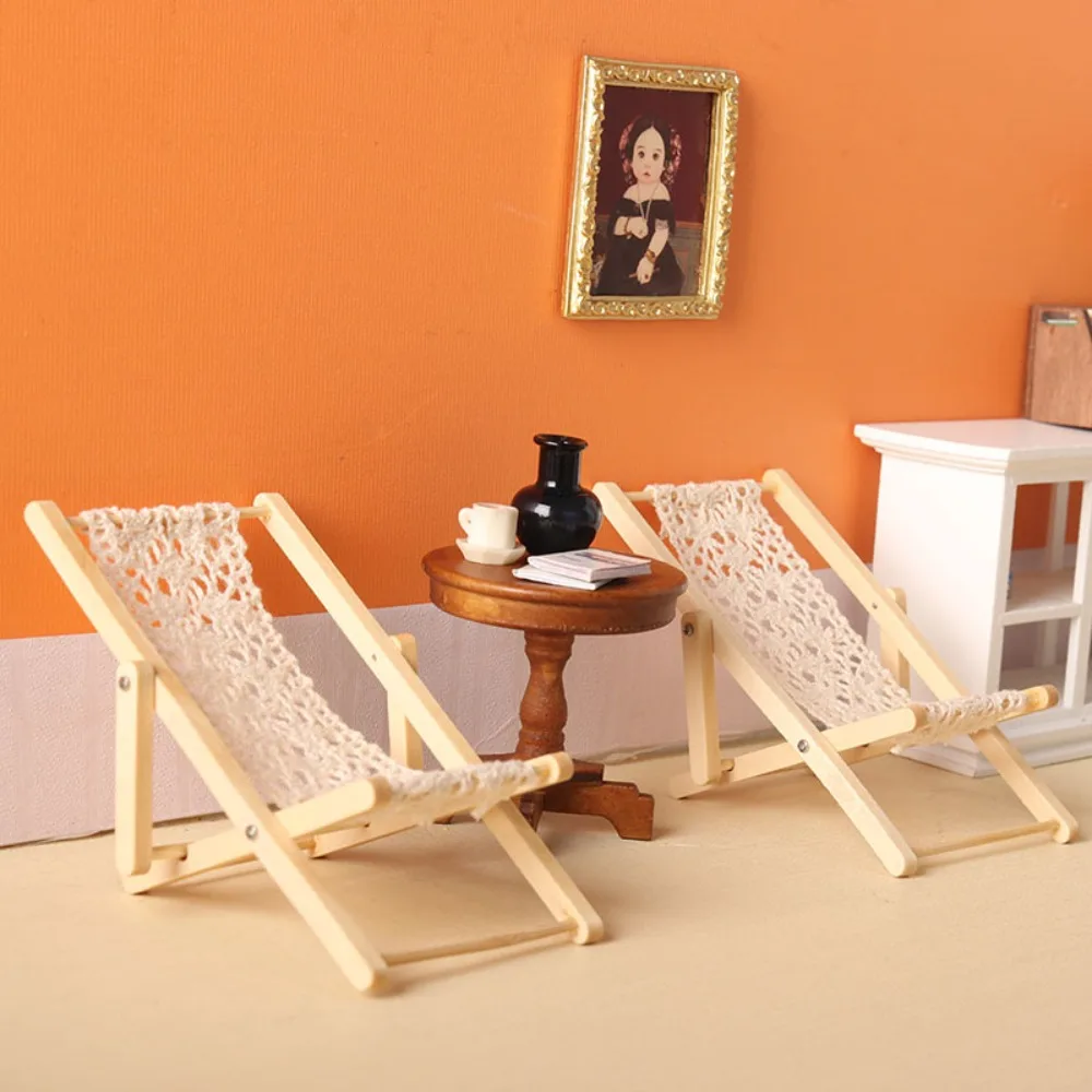 Silla de cubierta plegable en miniatura para casa de muñecas, minisilla de madera, muebles