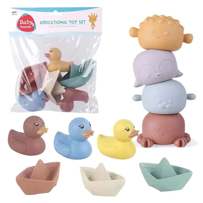 Juguetes de baño para bebés, flotador de goma suave para ducha de animales, juego de baño de sonido para apretar, juguetes de agua de natación, juego de apilamiento para niños