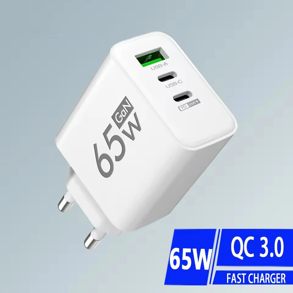 65W 3 Ports USB GaN Charger QC3.0 PD Type Charging EU/US Plug Wall Charger For iPhone Samsung Xiaomi Huawei Phone Charger
