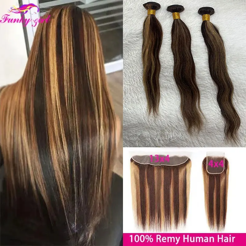 Brazilian P4 27 Highlight Bundles Straight Human Hair Bundles With Frontal 13x4 Front Ombre Human Hair Weave Bundle With Closure