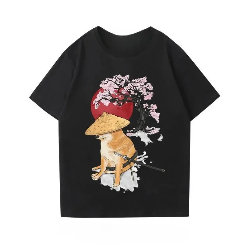 100% القطن الخالص قصيرة الأكمام الكرتون المطلي شيبا Inu مطبوعة المألوف قصيرة الأكمام تي شيرت للرجال رداء علوي غير رسمي