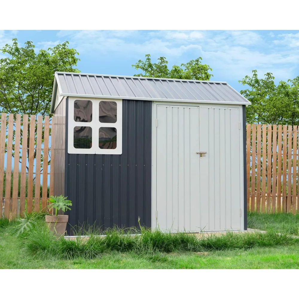 8x6x7.5 FT Shed 4-pane Window Nordic Cottage Storage Shed Outdoor Metal Garden House Double Hinged Lockable Door Storage Sheds